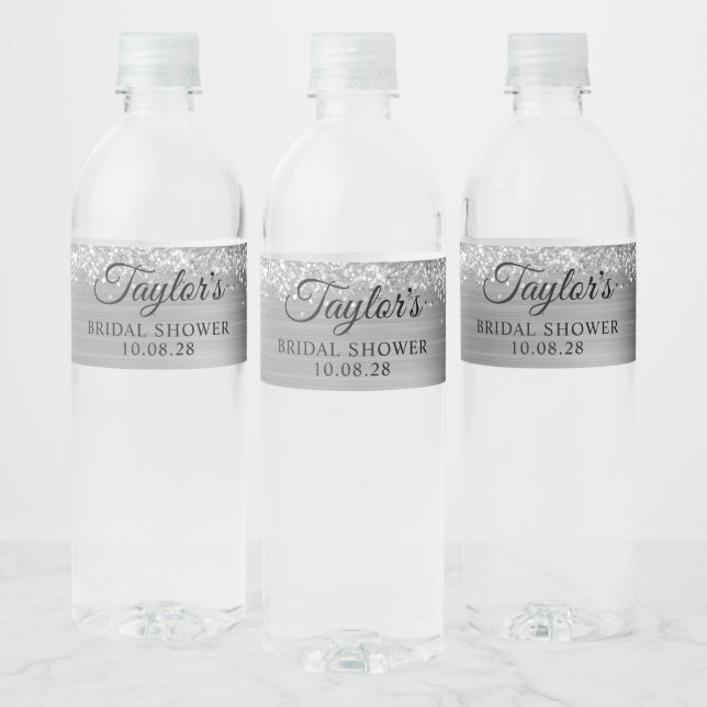 Glittery Silver Foil Bridal Shower Water Bottle Label (Bottles)