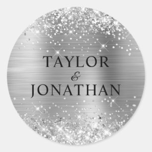 Glittery Silver Foil Bride & Groom Wedding Classic Round Sticker