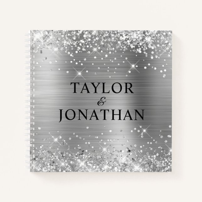 Glittery Silver Foil Bride & Groom Wedding Guest Notebook (Front)