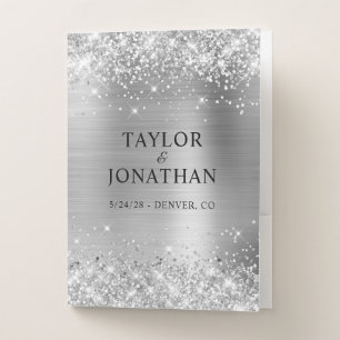 Glittery Silver Foil Bride & Groom Wedding Pocket Folder