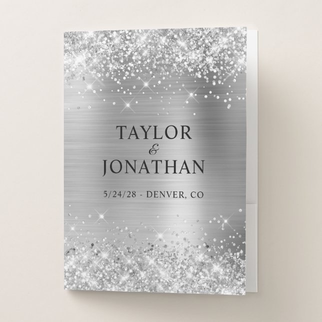 Glittery Silver Foil Bride & Groom Wedding Pocket Folder (Front)