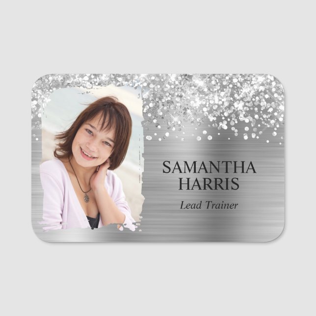 Glittery Silver Foil Brushstroke Photo Name Tag (Front)