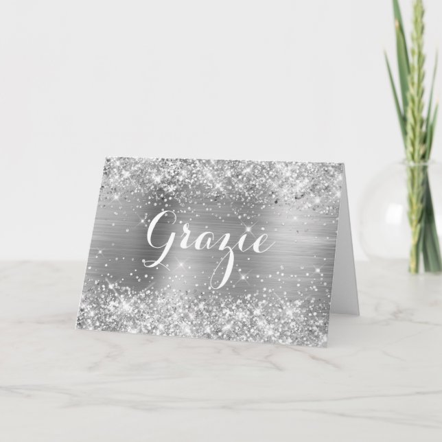 Glittery Silver Foil Classic Script Grazie Letterpress Thank You Card (Front)