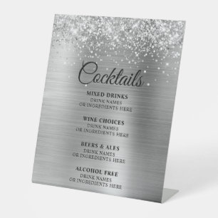 Glittery Silver Foil Cocktails Bar Menu Pedestal Sign