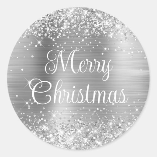 Glittery Silver Foil Curly Merry Christmas Classic Round Sticker