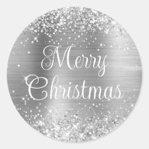 Glittery Silver Foil Curly Merry Christmas Classic Round Sticker