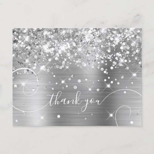 Glittery Silver Foil Curly Script Thank You Postcard