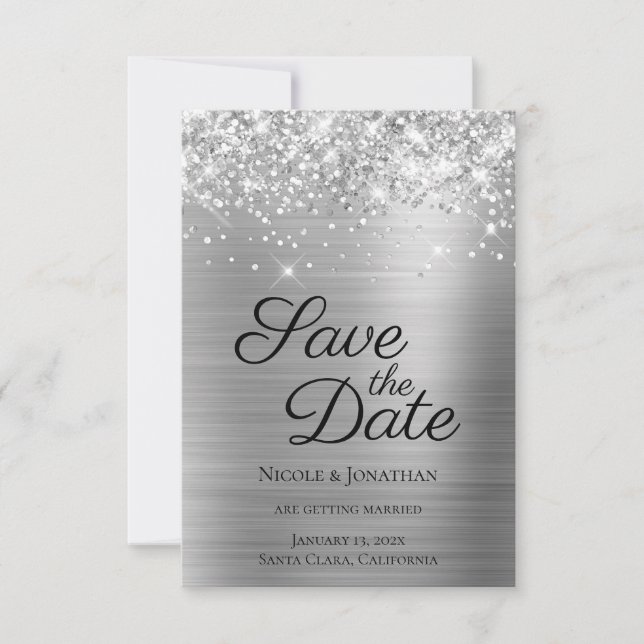 Glittery Silver Foil Elegant Calligraphy Save The Date (Front)