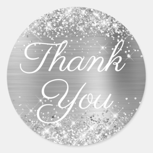 Glittery Silver Foil Elegant Calligraphy Thank You Classic Round Sticker