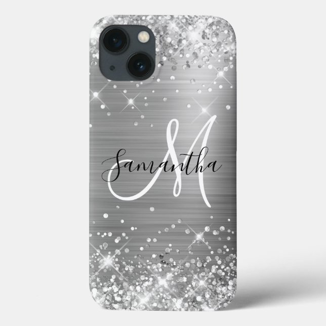 Glittery Silver Foil Elegant Monogram Case-Mate iPhone Case (Back)