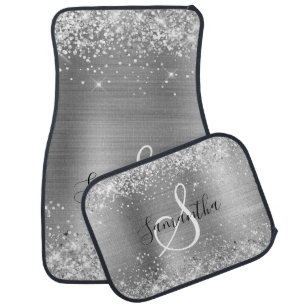 Glittery Silver Foil Elegant Monogrammed Car Floor Mat