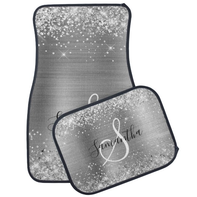 Glittery Silver Foil Elegant Monogrammed Car Floor Mat (Set)