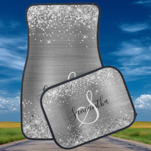 Glittery Silver Foil Elegant Monogrammed Car Floor Mat