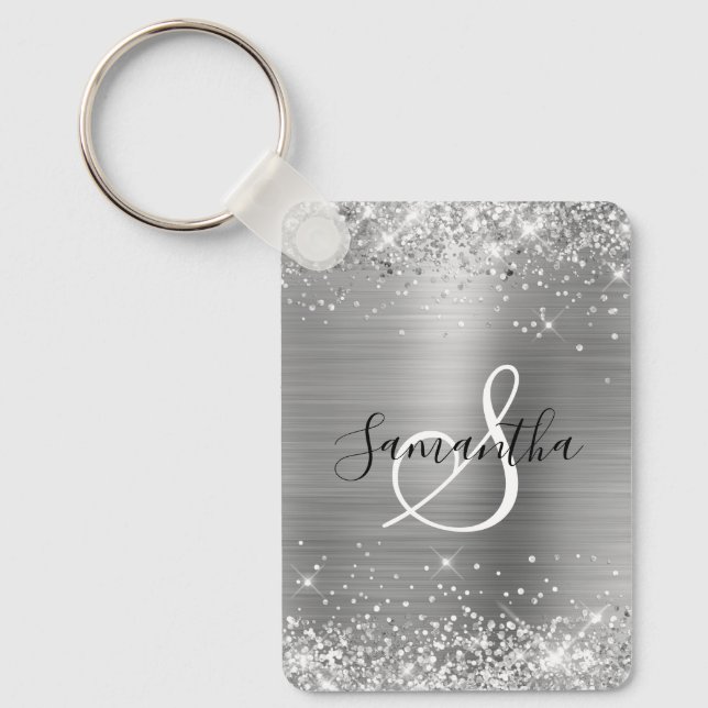 Glittery Silver Foil Elegant Monogrammed Keychain (Front)