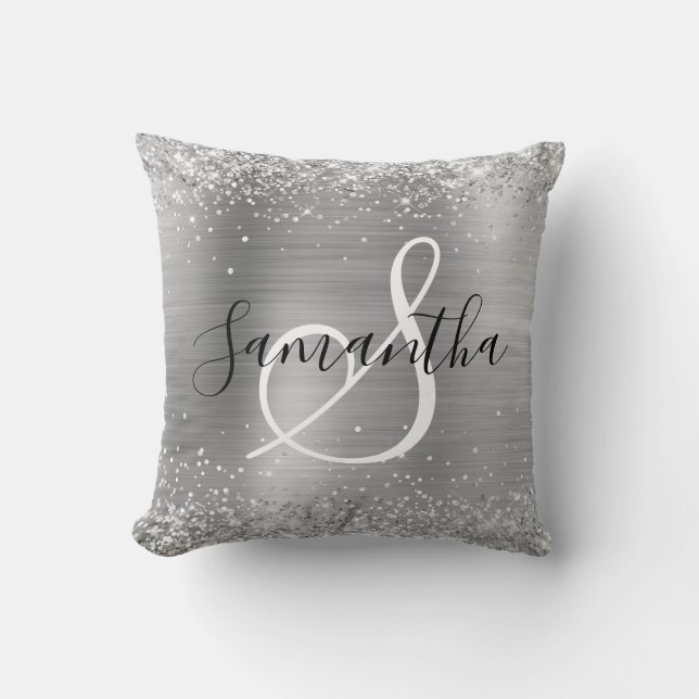 Glittery Silver Foil Elegant Monogrammed Throw Pillow (Front)