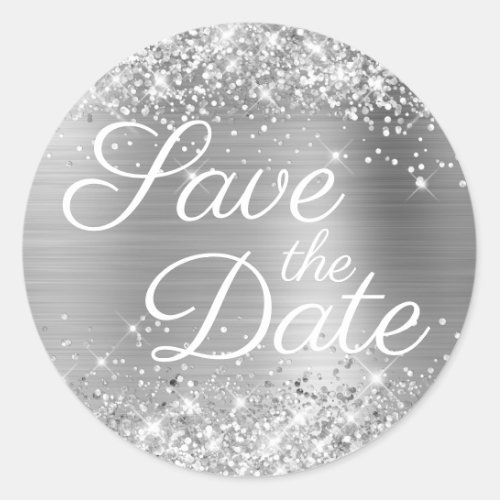 Glittery Silver Foil Elegant Save the Date Classic Round Sticker