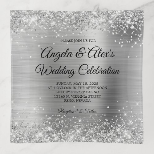 Glittery Silver Foil Elegant Wedding Invite Trinket Tray