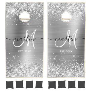 Glittery Silver Foil Family Monogram Cornhole Set