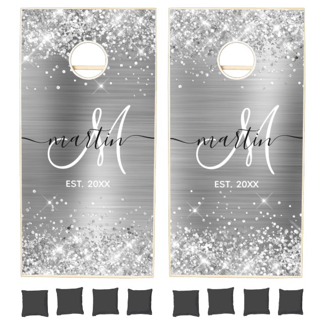 Glittery Silver Foil Family Monogram Cornhole Set (Set)