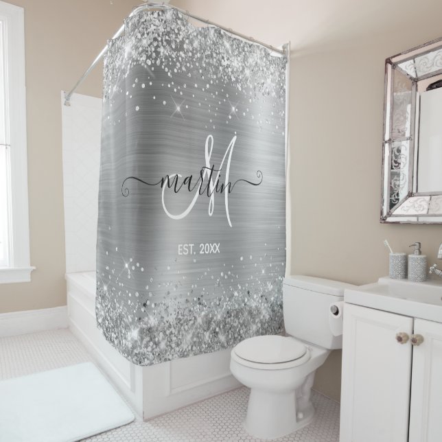 Glittery Silver Foil Family Monogram Shower Curtain (In Situ)