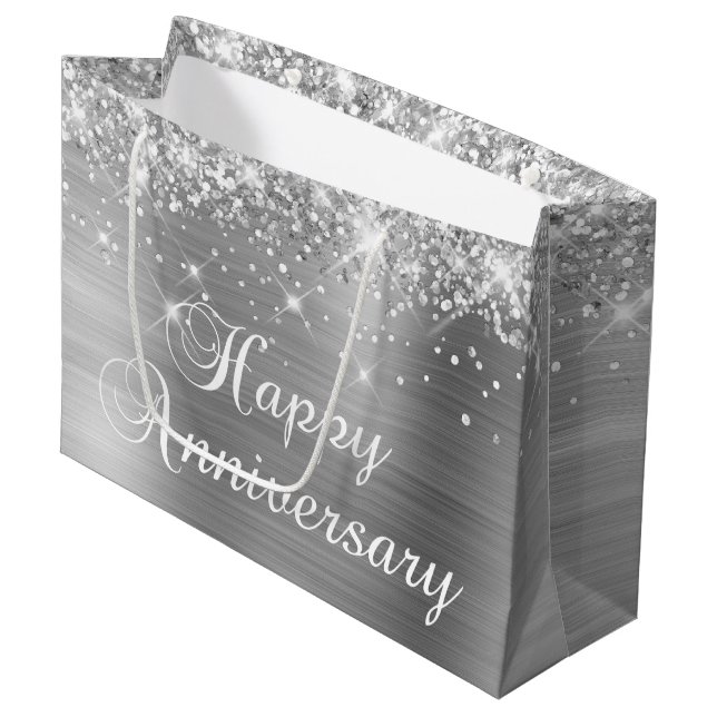 Glittery Silver Foil Fancy Happy Anniversary Large Gift Bag (Front Angled)