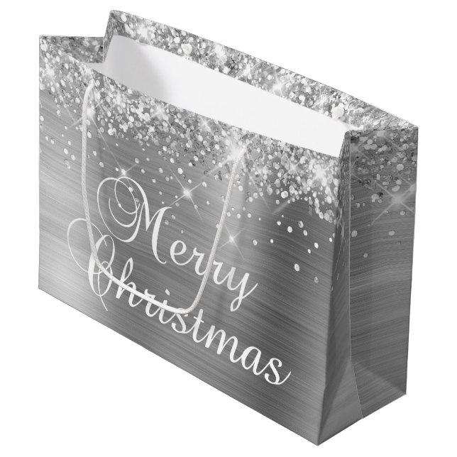 Glittery Silver Foil Fancy Merry Christmas Large Gift Bag (Front Angled)