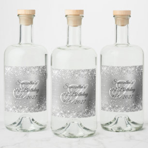 Glittery Silver Foil Fancy Monogram 21st Birthday Liquor Bottle Label