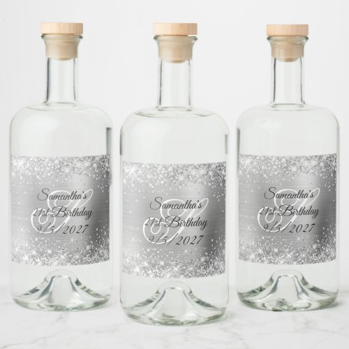 Glittery Silver Foil Fancy Monogram 21st Birthday Liquor Bottle Label