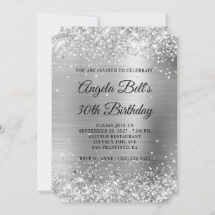 Glittery Silver Foil Fancy Monogram 30th Birthday Invitation
