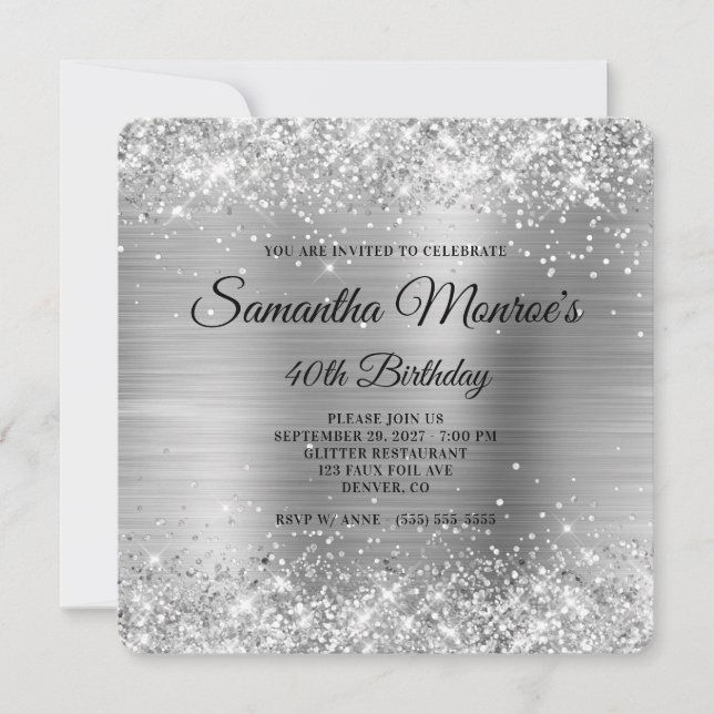 Glittery Silver Foil Fancy Monogram 40th Birthday Invitation (Front)