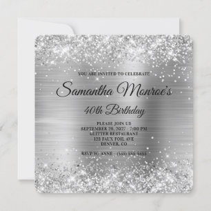 Glittery Silver Foil Fancy Monogram 40th Birthday Invitation