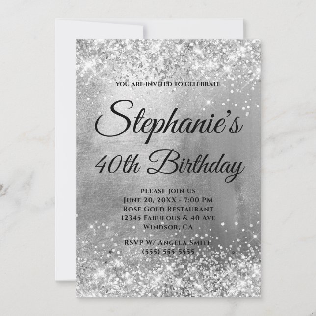 Glittery Silver Foil Fancy Monogram Birthday Invitation (Front)