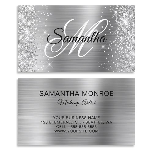 Glittery Silver Foil Fancy Monogram Business Card