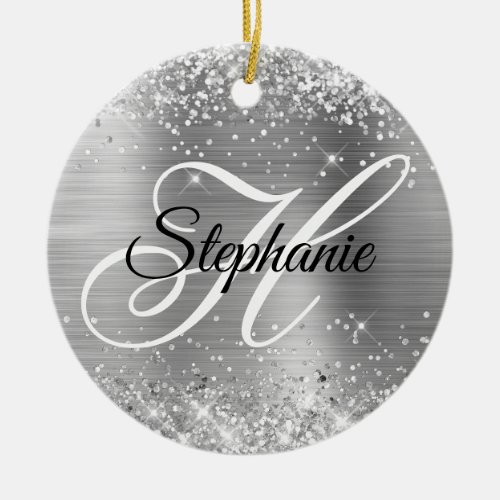 Glittery Silver Foil Fancy Monogram Ceramic Ornament