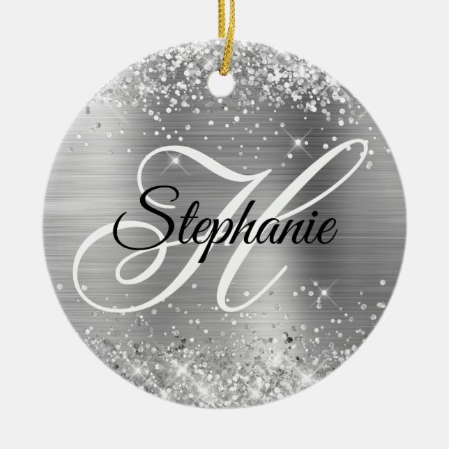Glittery Silver Foil Fancy Monogram Ceramic Ornament (Front)