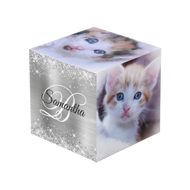 Glittery Silver Foil Fancy Monogram Cube (Front Angled)