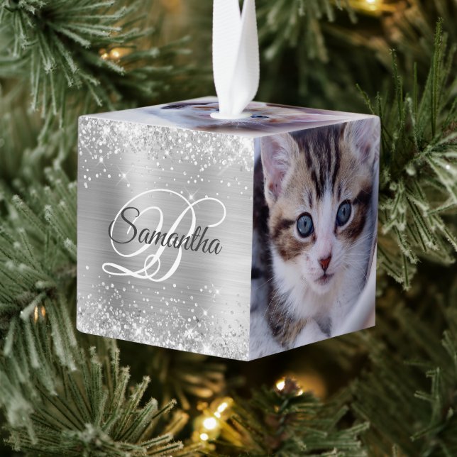 Glittery Silver Foil Fancy Monogram Cube Ornament (Tree)