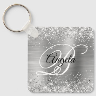 Glittery Silver Foil Fancy Monogram Keychain