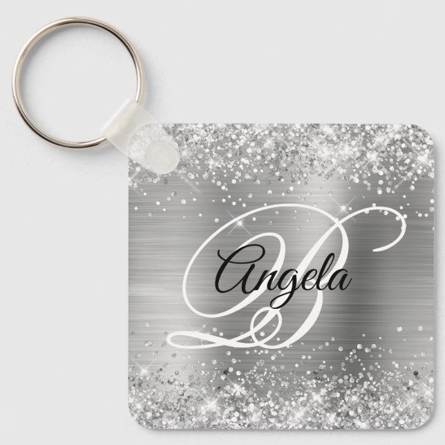 Glittery Silver Foil Fancy Monogram Keychain (Front)