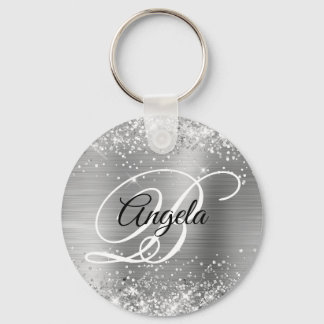 Glittery Silver Foil Fancy Monogram Keychain