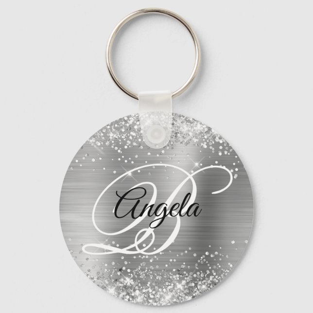 Glittery Silver Foil Fancy Monogram Keychain (Front)