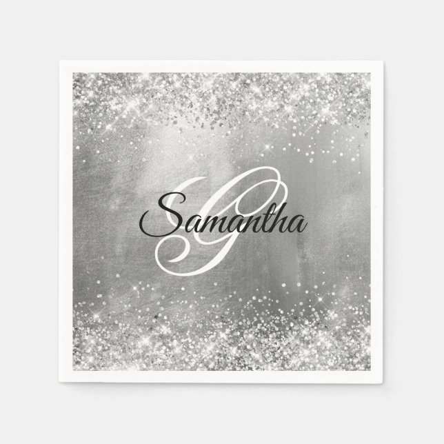 Glittery Silver Foil Fancy Monogram Napkins (Front)