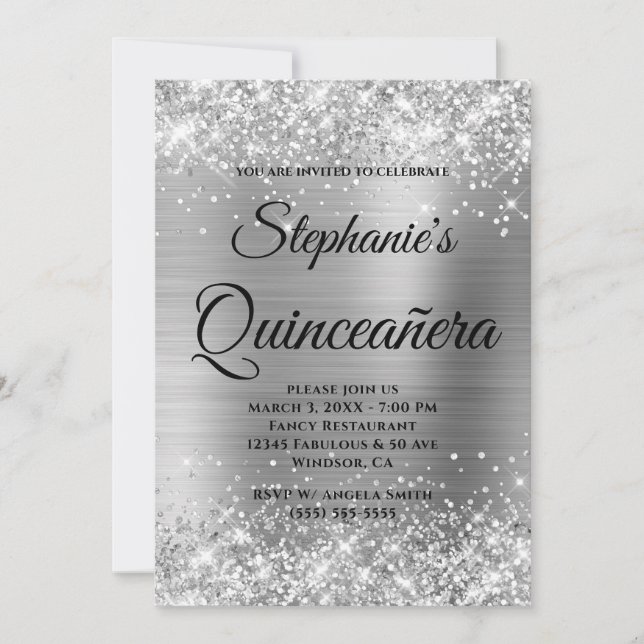Glittery Silver Foil Fancy Monogram Quinceañera Invitation (Front)