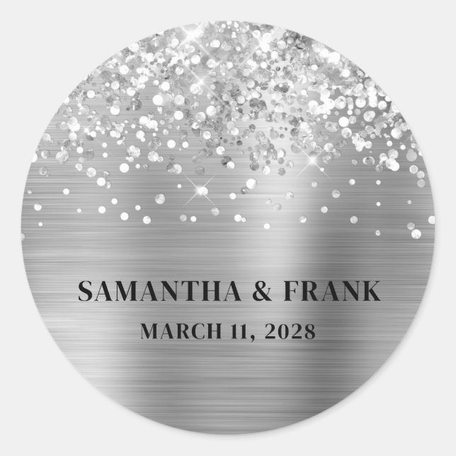 Glittery Silver Foil Glam Wedding Classic Round Sticker (Front)