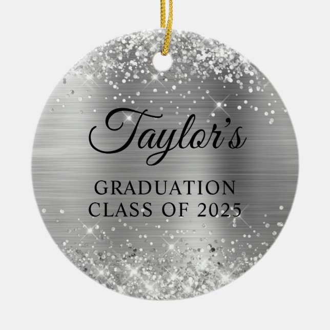 Glittery Silver Foil Graduation Ceramic Ornament (Front)