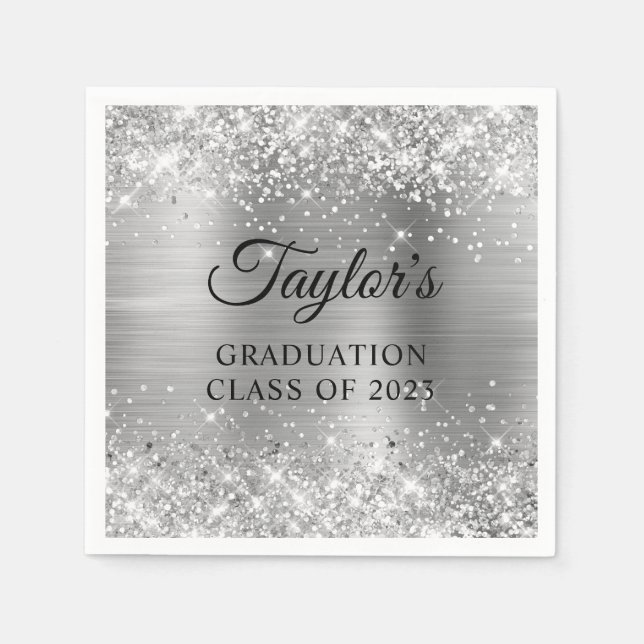 Glittery Silver Foil Graduation Napkins (Front)