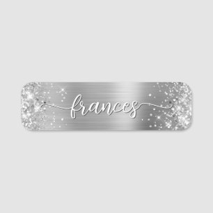 Glittery Silver Foil Handwritten Script Name Tag