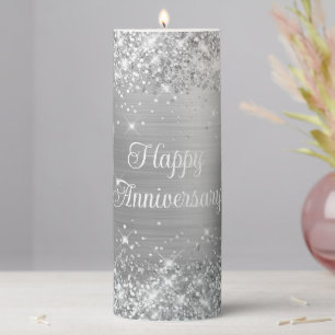 Glittery Silver Foil Happy Anniversary Pillar Candle