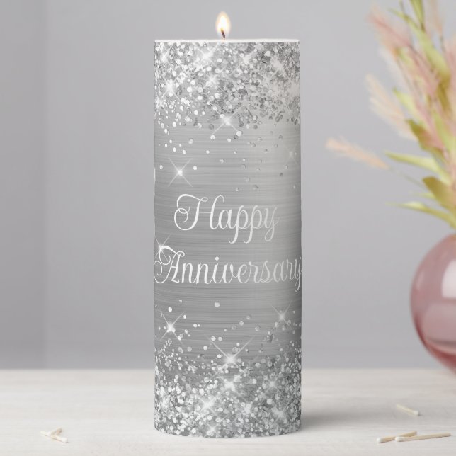 Glittery Silver Foil Happy Anniversary Pillar Candle (In Situ)