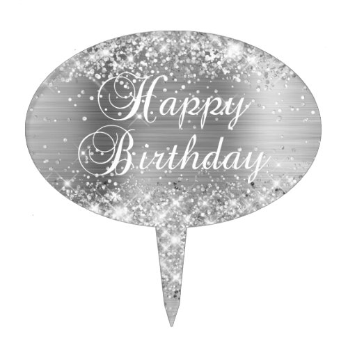 Glittery Silver Foil Happy Birthday Cake Topper